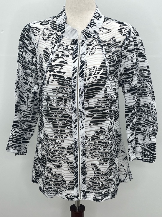 Coldwater Creek Tops - Coldwater Creek Black White Abstract Floral Sheer Zip Front Jacket Blouse Size 8